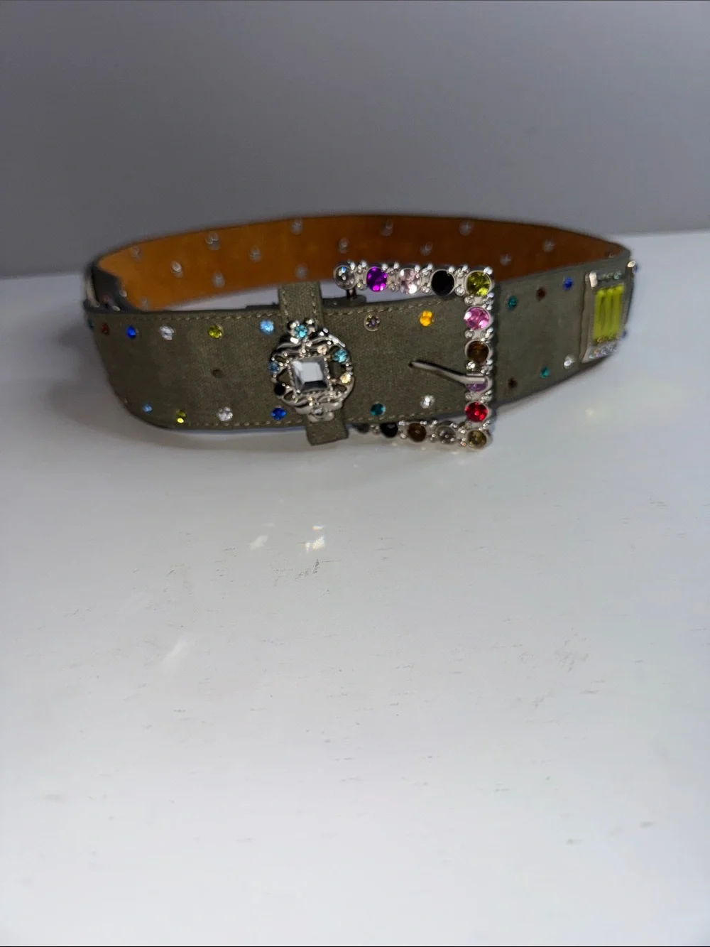 Vintage Olive Green Jeweled Statement Belt – Multicolor Rhinestone Buckle – Boho